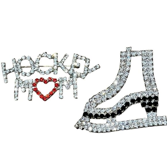 Hockey Mom Clear Red Rhinestone Heart And Ice Hockey Skate Pin Brooch Lot of 2 - Picture 1 of 5